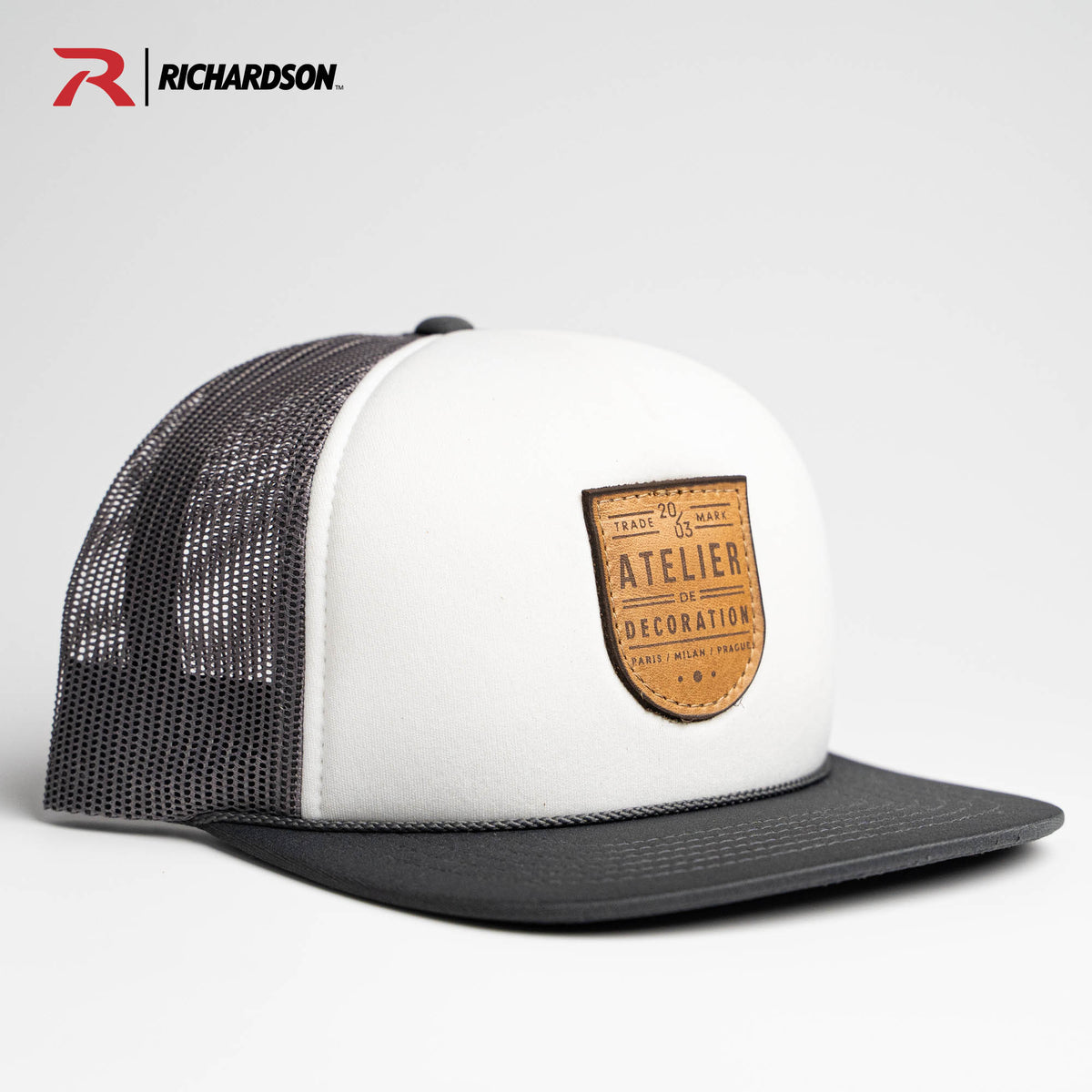 Lasered Leather Patch Foam Trucker Hat ~ Richardson 113 Foam Trucker Cap ~ Customized with YOUR LOGO