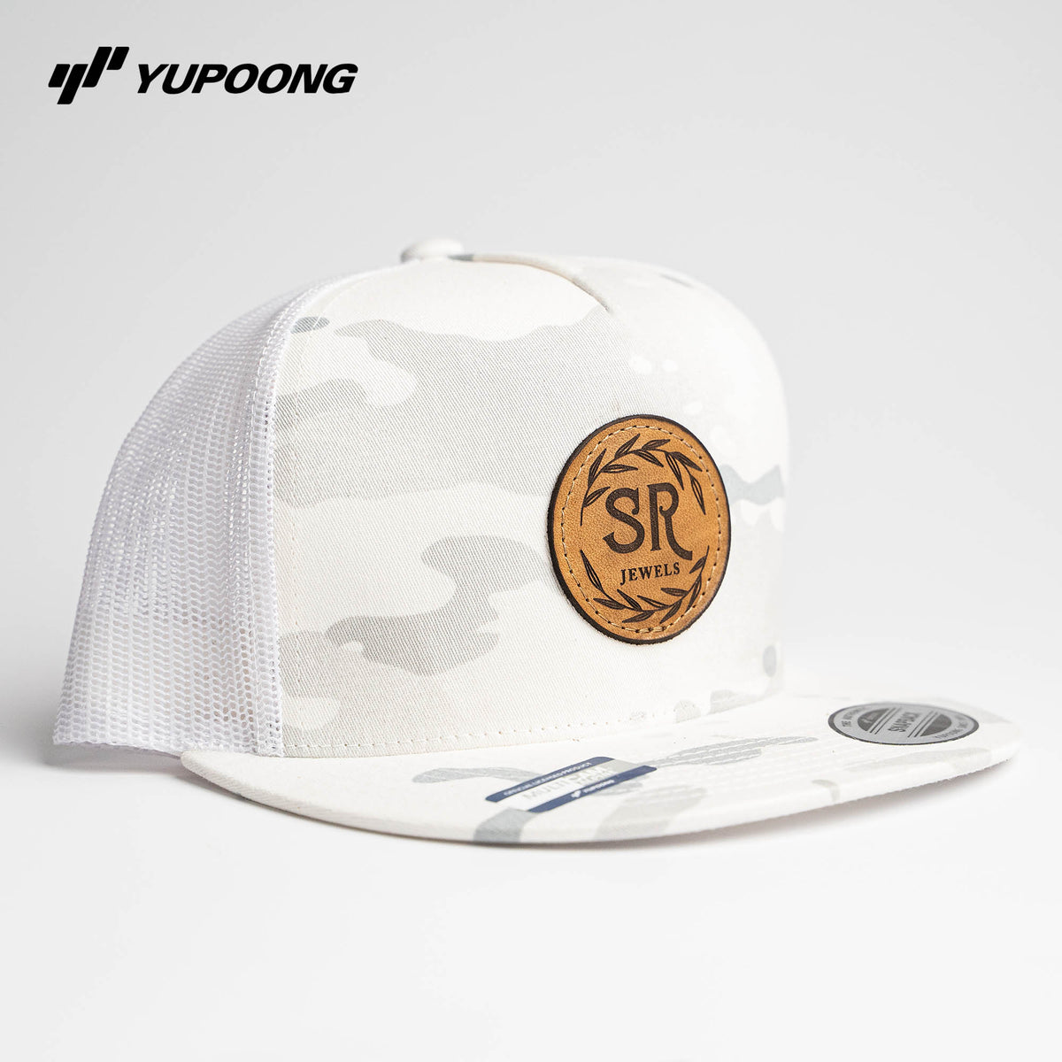 Lasered Leather Patch Camo Trucker Mesh Snapback Hat ~ Yupoong 6006MC Cap ~ Customized with YOUR LOGO