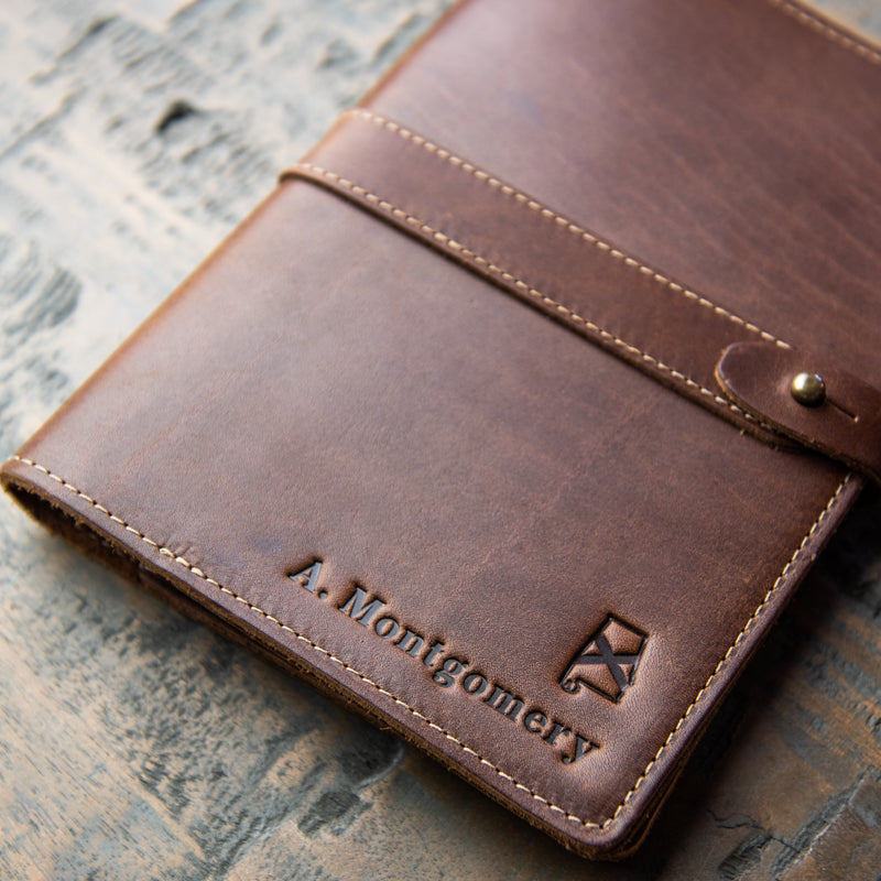 Leather journal cover with personalized name or initials and outline of state of Alabama from Holtz Leather Co in Huntsville, Alabama