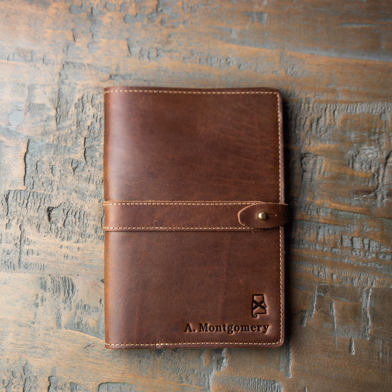 Leather journal cover with personalized name or initials and outline of state of Alabama from Holtz Leather Co in Huntsville, Alabama