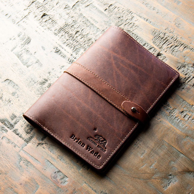 Leather journal cover with California Republic symbol and personalized name or initials from Holtz Leather Co in Huntsville, Alabama