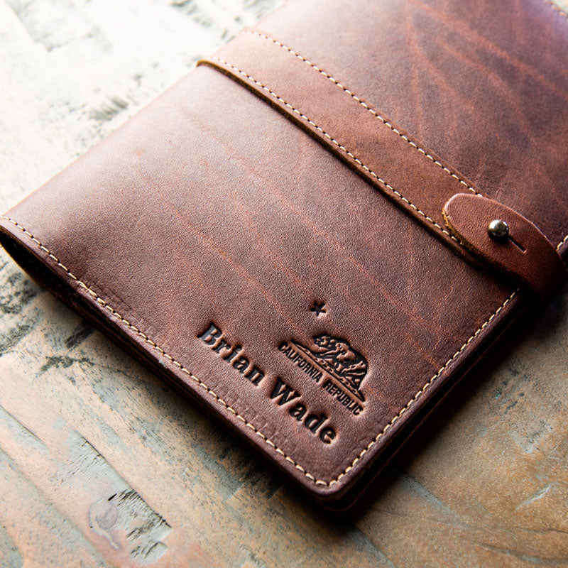 Leather journal cover with California Republic symbol and personalized name or initials from Holtz Leather Co in Huntsville, Alabama