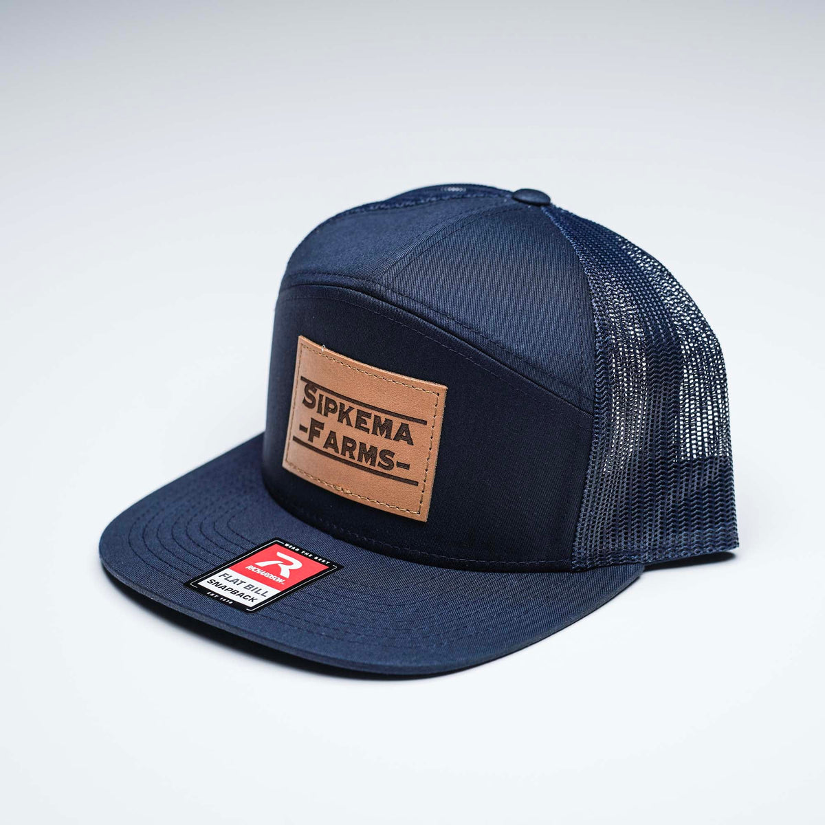 Lasered Leather Patch Trucker Flat Bill Hat ~ Richardson 168 7 Panel Trucker Hat ~ Customized with YOUR LOGO