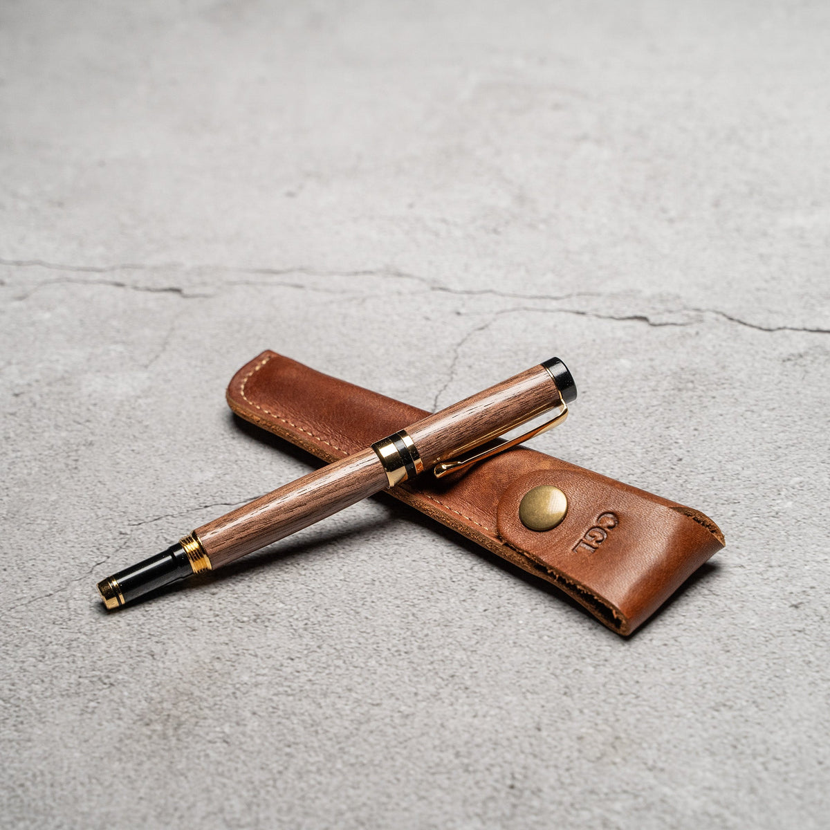 Hand-Turned Walnut Rollerball Pen + Fine Leather Pen Sleeve