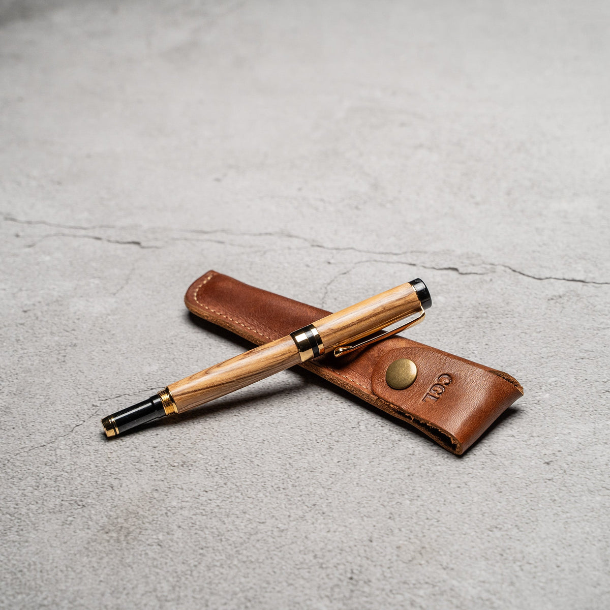 Hand-Turned American Chestnut Rollerball Pen + Fine Leather Pen Sleeve