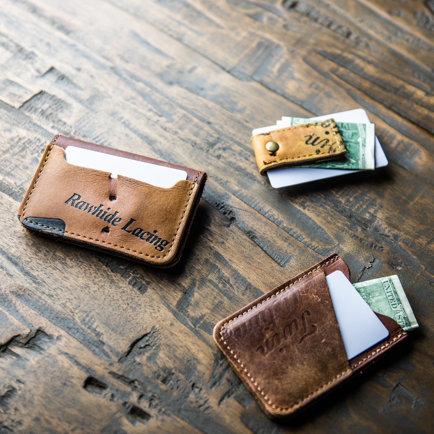 Money clip wallet, tri-pocket wallet, and money clip made from your own baseball glove