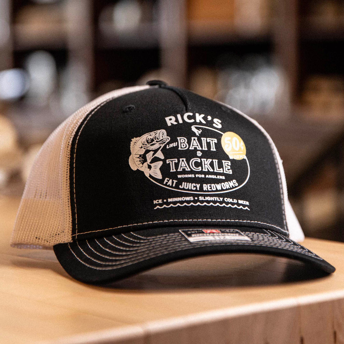 Custom Fishing Bait &amp; Tackle Vintage Ink™ Logo Customized with Your Name ~ Richardson 112FP Five Panel Trucker Hat