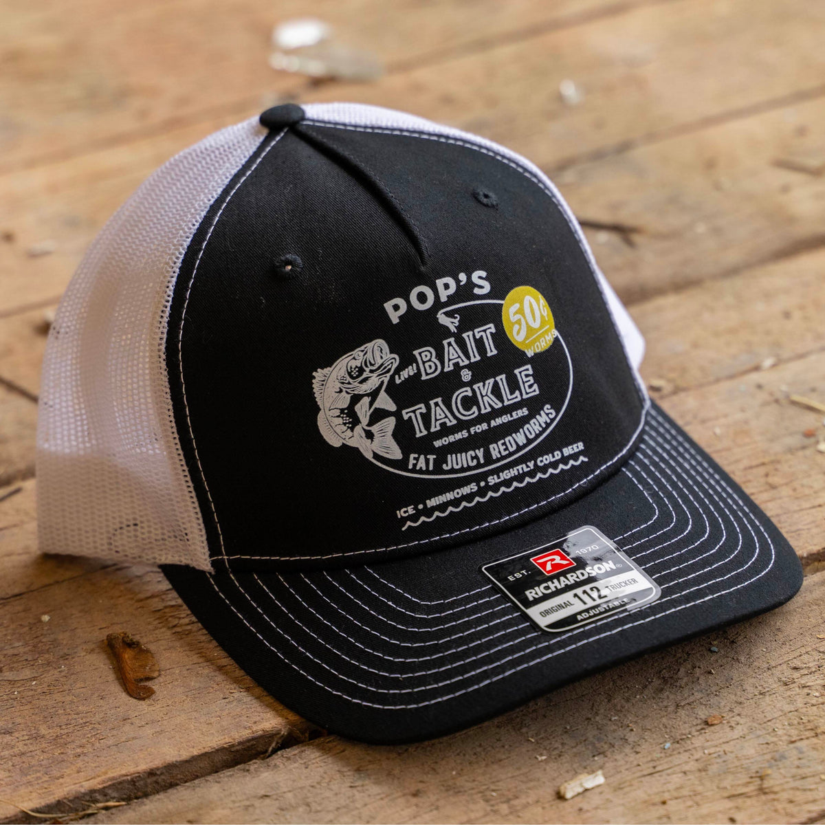 Custom Fishing Bait &amp; Tackle Vintage Ink™ Logo Customized with Your Name ~ Richardson 112FP Five Panel Trucker Hat