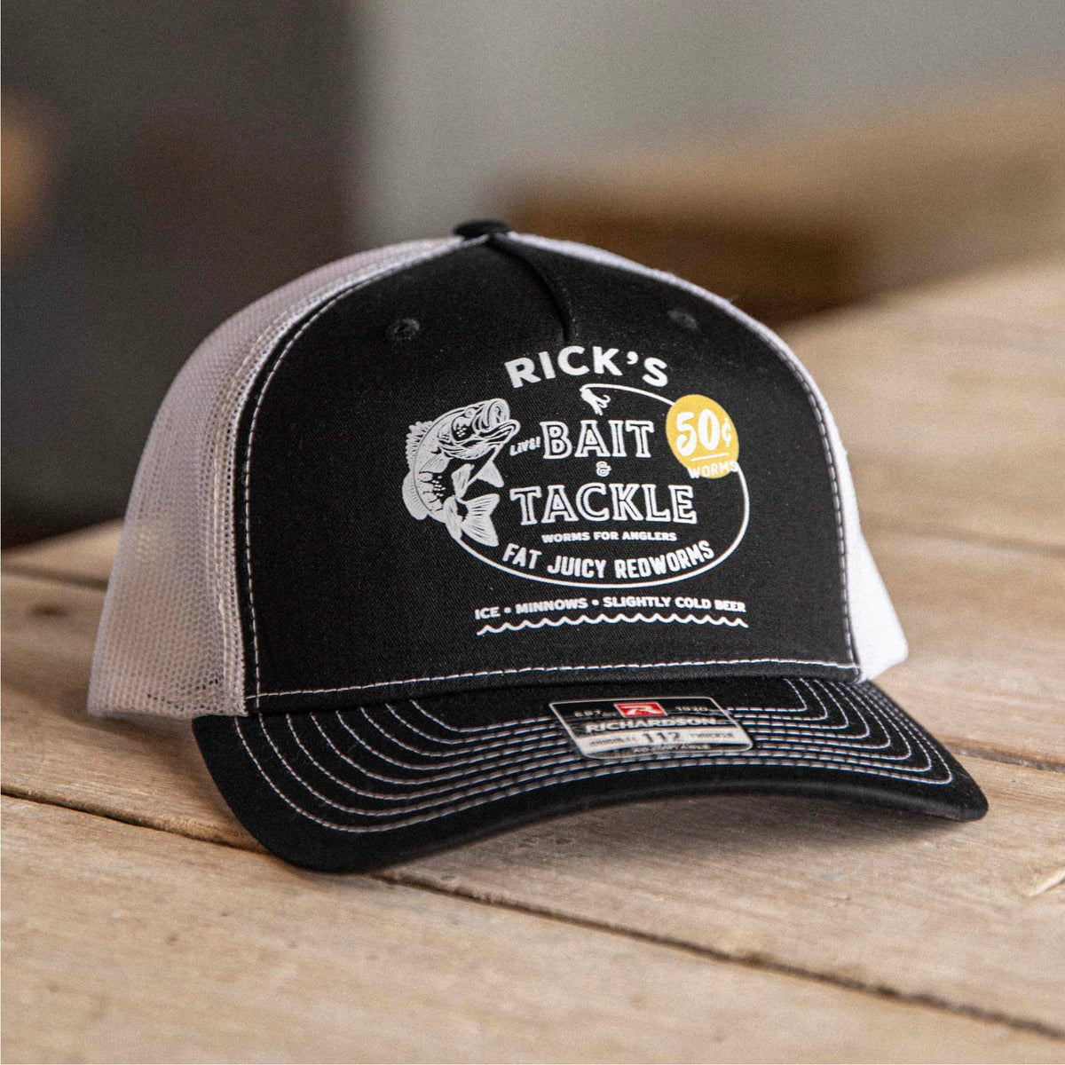 Custom Fishing Bait &amp; Tackle Vintage Ink™ Logo Customized with Your Name ~ Richardson 112FP Five Panel Trucker Hat