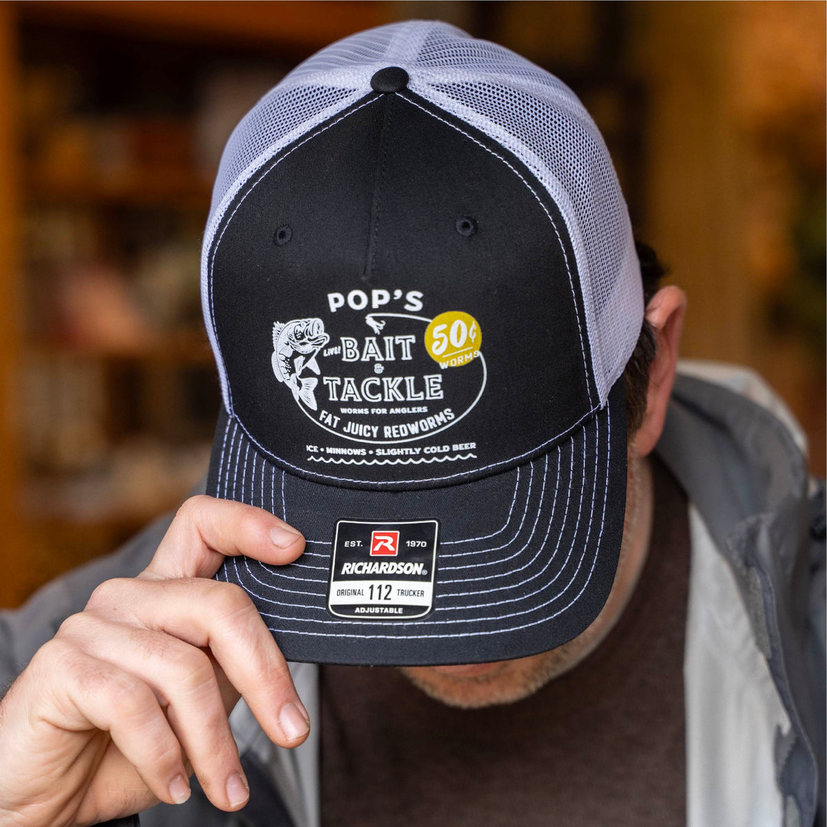 Custom Fishing Bait &amp; Tackle Vintage Ink™ Logo Customized with Your Name ~ Richardson 112FP Five Panel Trucker Hat