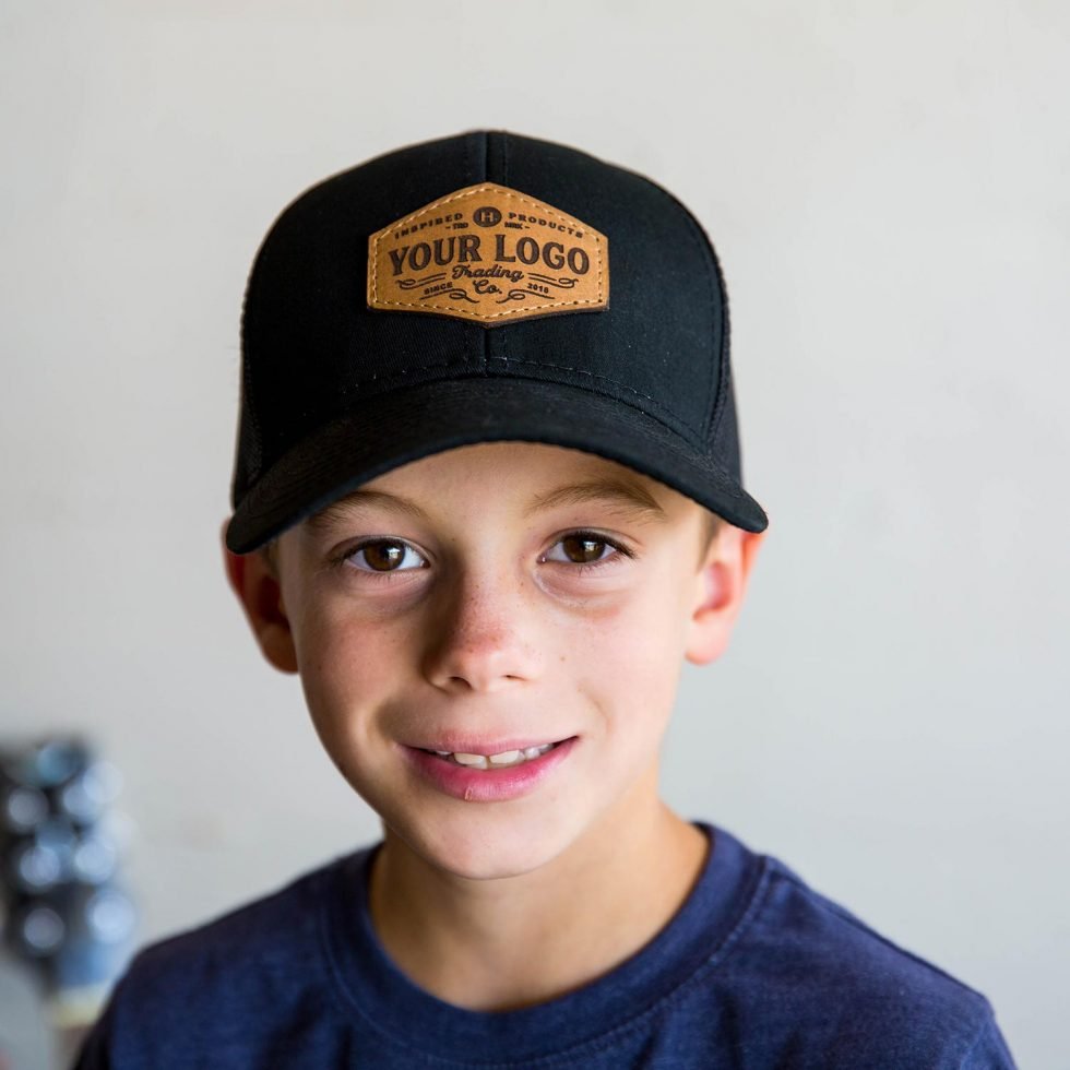 Lasered Leather Patch Mesh Back Kids Trucker Hat ~ OTTO 112-1 Youth Baseball Cap ~ Customized with YOUR LOGO