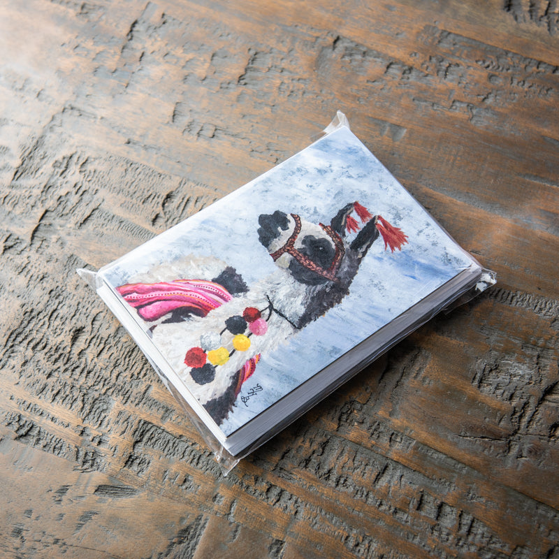 Stationery featuring llama wearing colorful of ornamentation; painted by Madison Holtz Butler