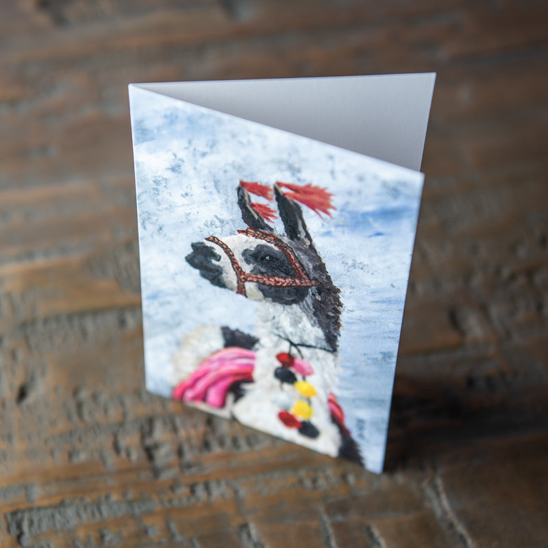 Stationery featuring llama wearing colorful of ornamentation; painted by Madison Holtz Butler