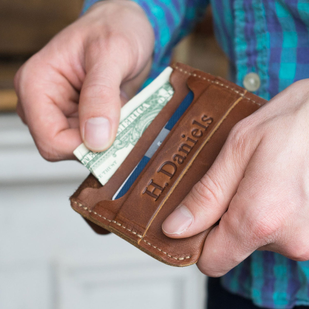 Fine leather front pocket wallet with personalization