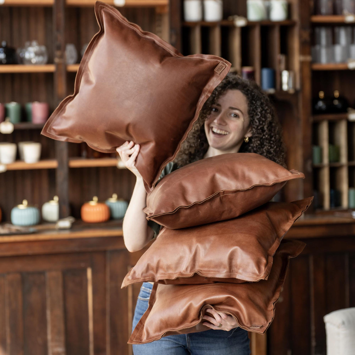 Full Grain Tumbled Leather Decor Throw Pillow