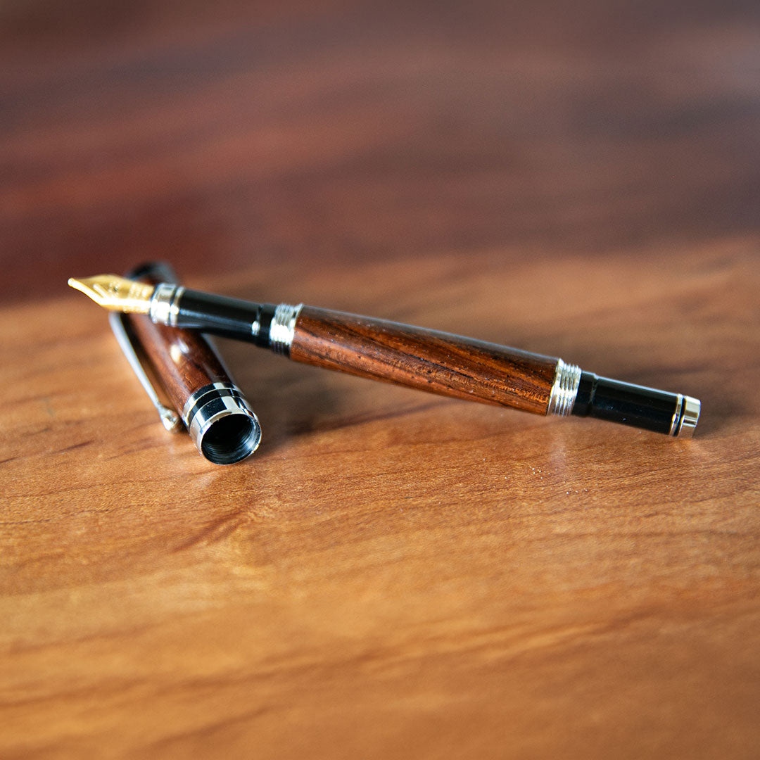 Hand-Turned Rose Wood Fountain Pen + Personalized Pen Sleeve