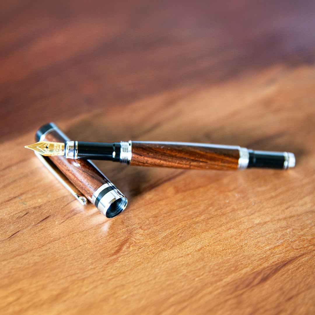 Hand-Turned Rose Wood Fountain Pen + Personalized Pen Sleeve