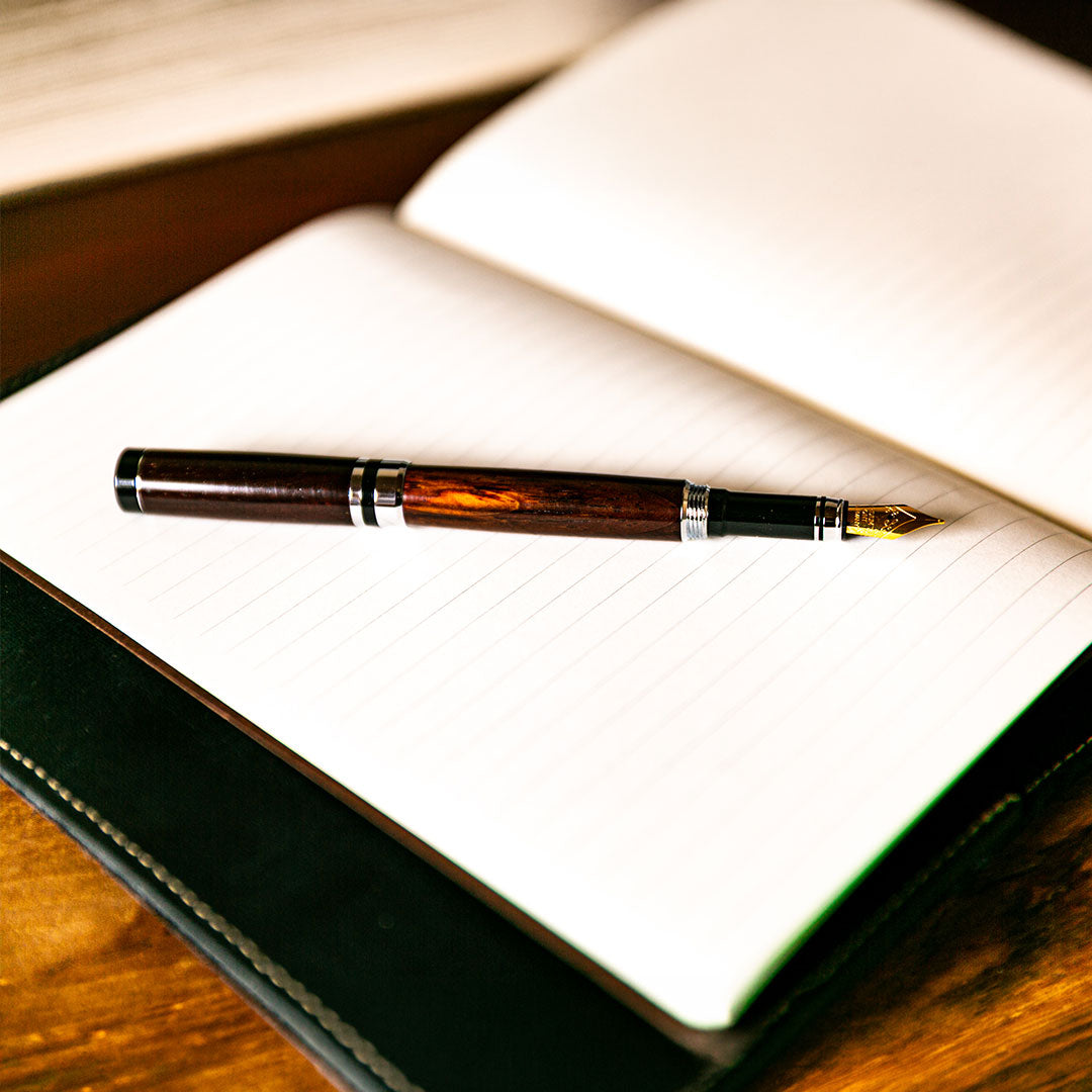 Hand-Turned Rose Wood Fountain Pen + Personalized Pen Sleeve