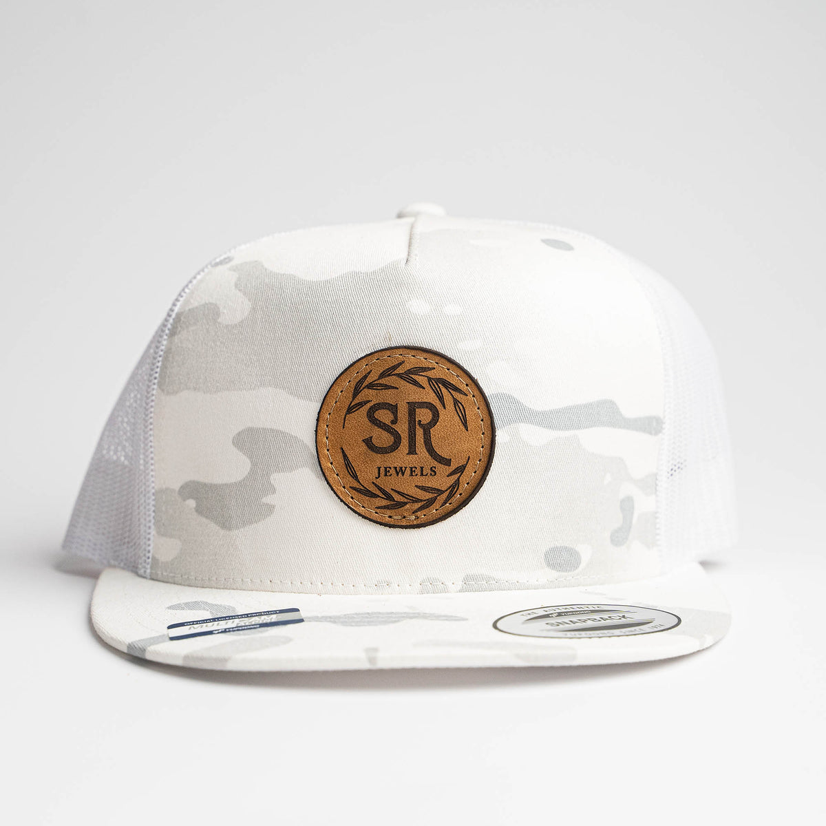 Lasered Leather Patch Camo Trucker Mesh Snapback Hat ~ Yupoong 6006MC Cap ~ Customized with YOUR LOGO