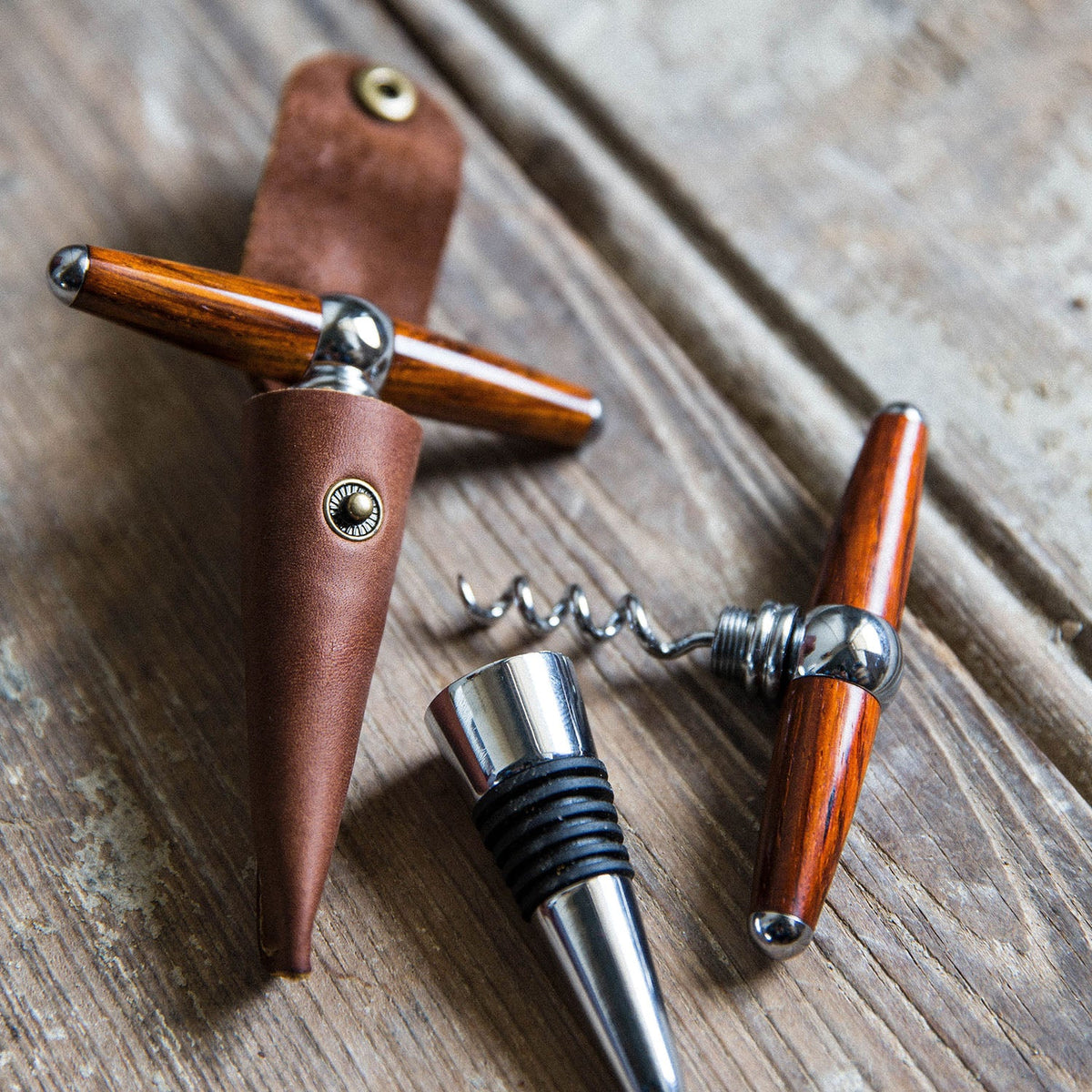 The Vino Personalized Hand Turned Wine Bottle Stopper Corkscrew & Leather Sleeve